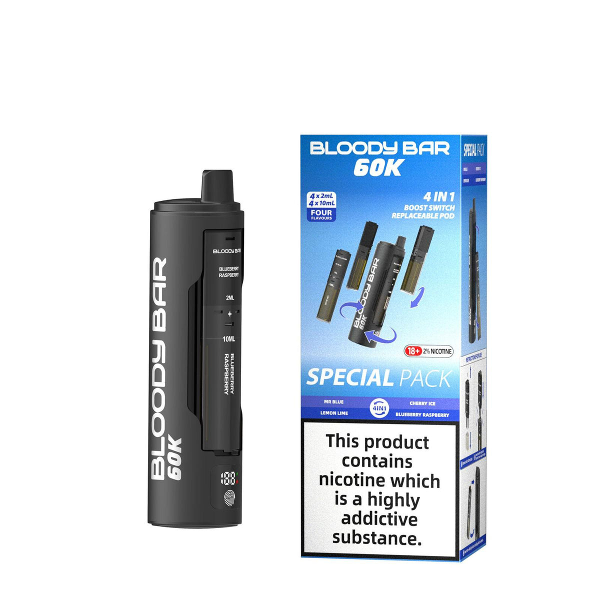 Buy Bloody Bar 60k Prefilled 4 In 1 Pod Vape Kit Box of 5 - Mr Blue/Lemon Lime/Cherry Ice/Blueberry Raspberry