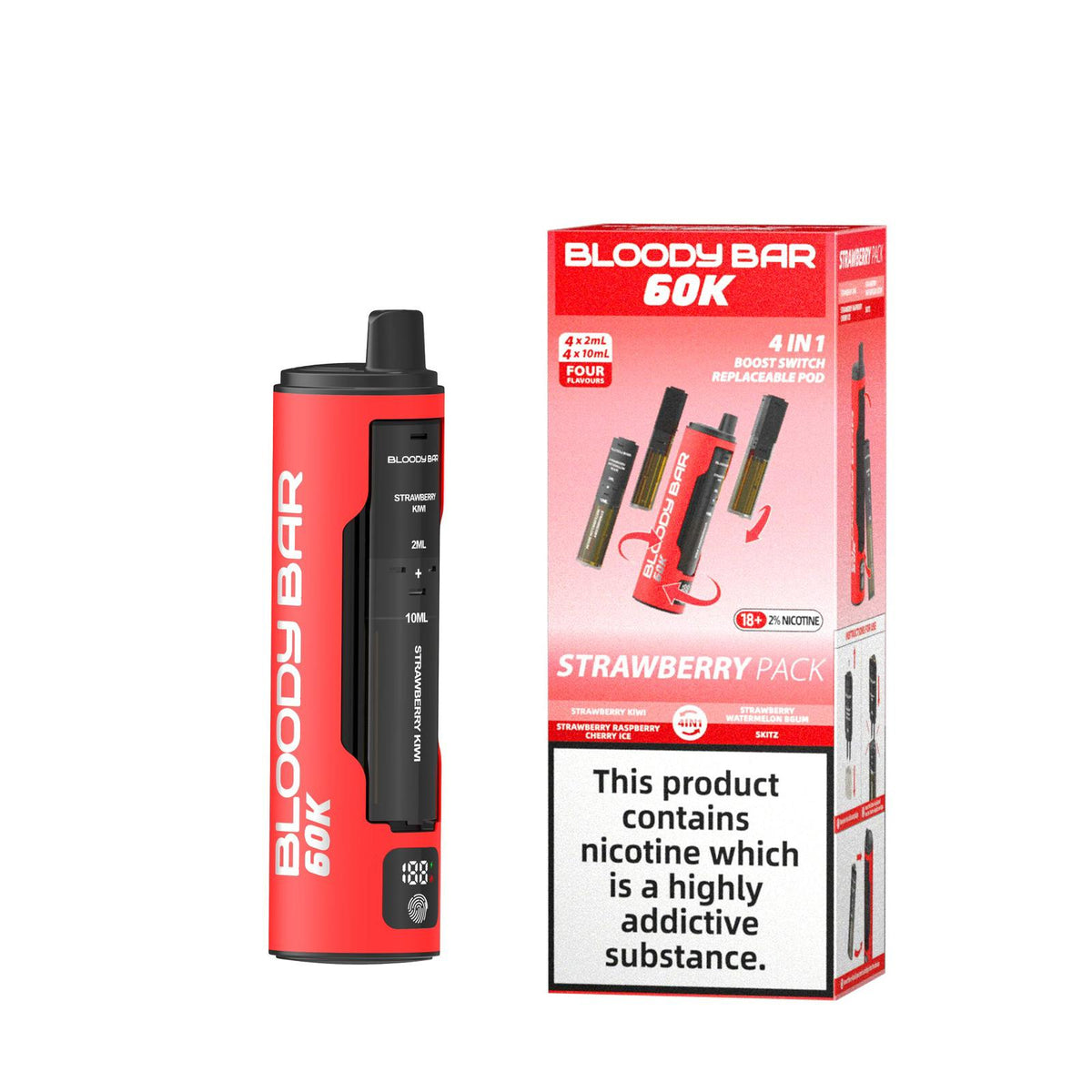 Buy Bloody Bar 60k Prefilled 4 In 1 Pod Vape Kit Box of 5 - Strawberry Kiwi/Strawberry Raspberry Cherry Ice/Strawberry Watermelon BGum/Skittz