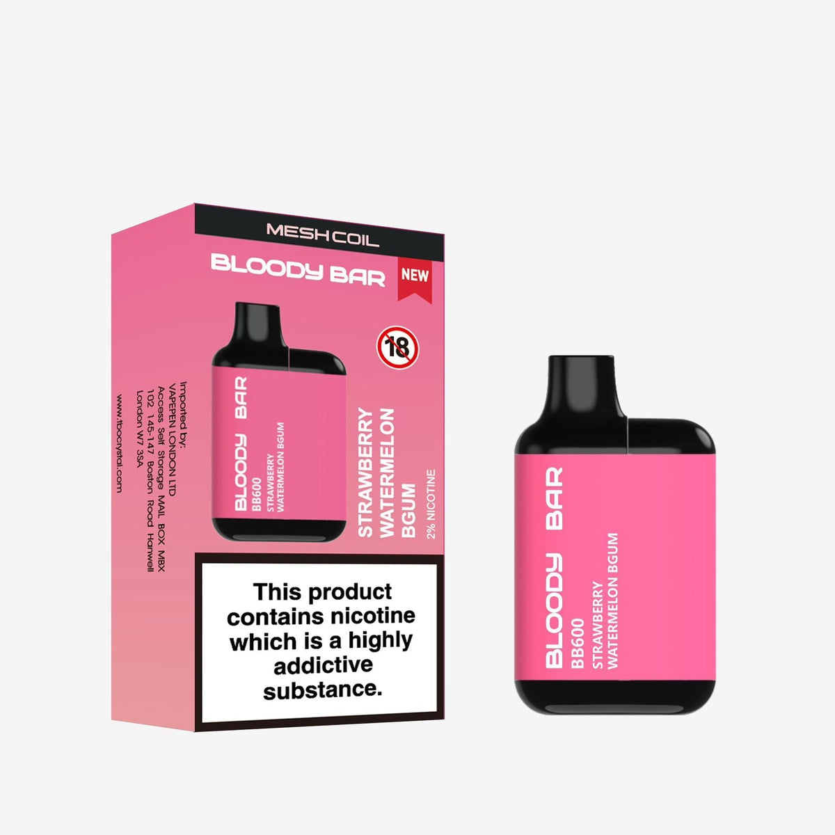 Buy Bloody Bar BB600 Prefilled Pod Vape Pack of 10 - Strawberry Watermelon BGum