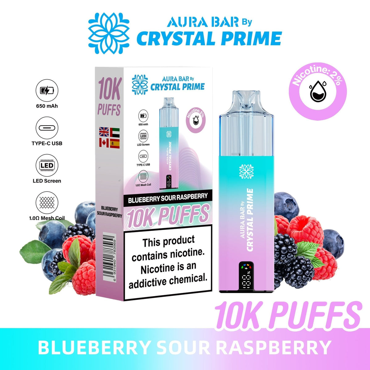 Buy Crystal Prime Aura Bar 10k Prefilled Pod Vape - Pack of 5 - Blueberry Sour Raspberry