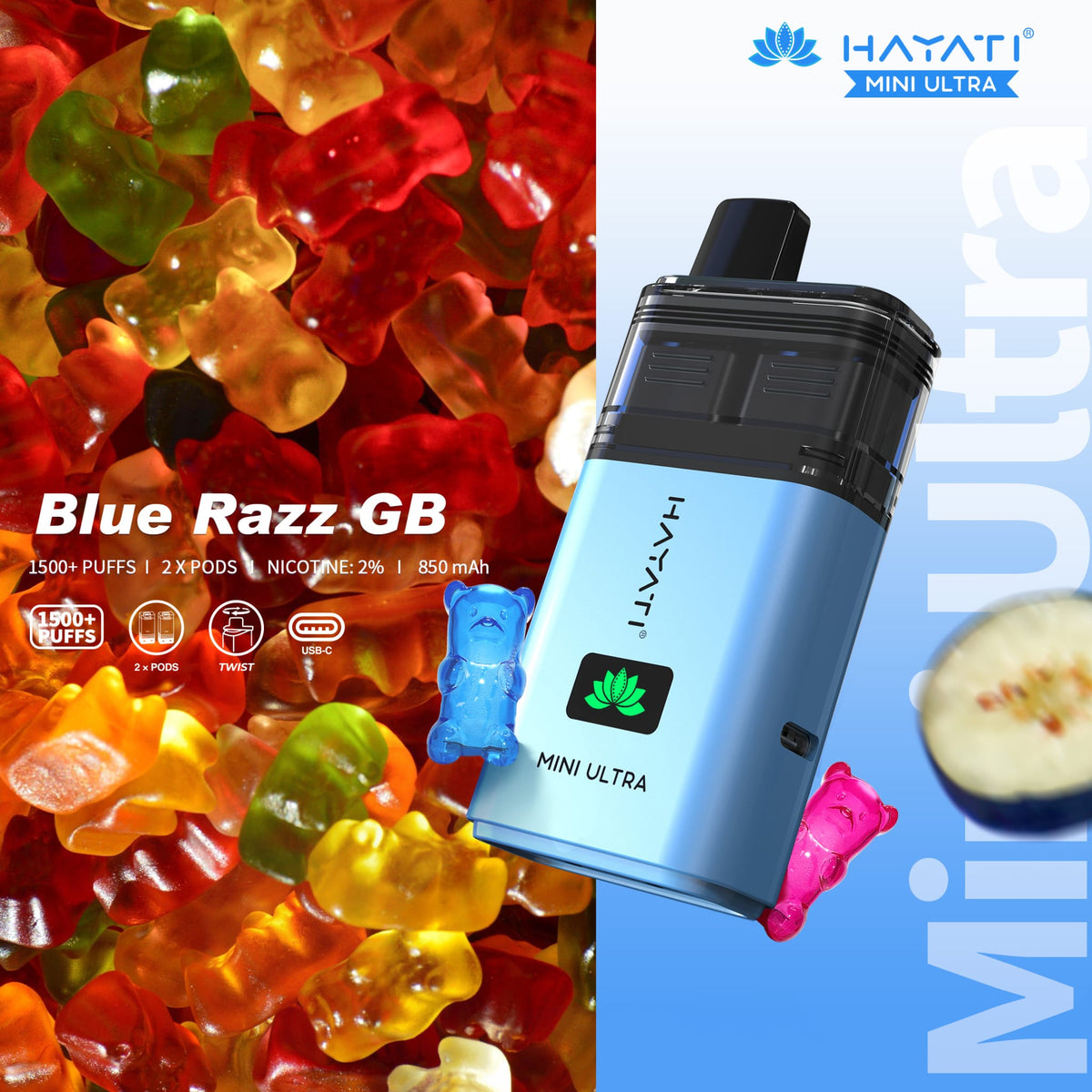 Buy Hayati Mini Ultra 1500 Disposable Vape Box of 5 - Blue Razz GB