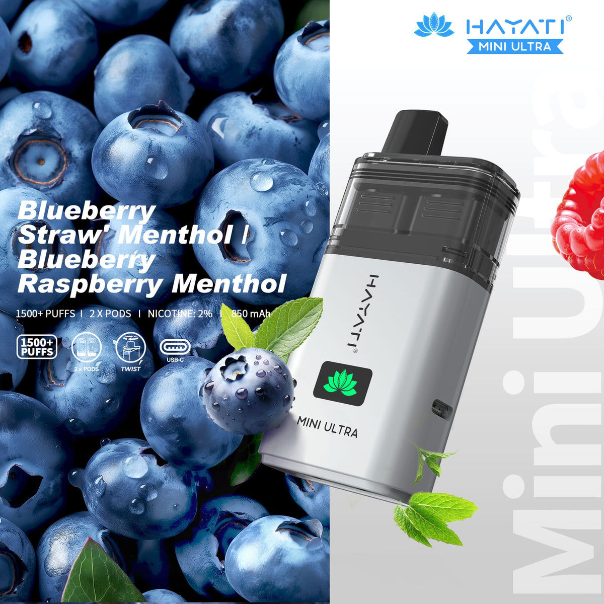 Buy Hayati Mini Ultra 1500 Disposable Vape Box of 5 - Blueberry Straw' Menthol / Blueberry Raspberry Menthol