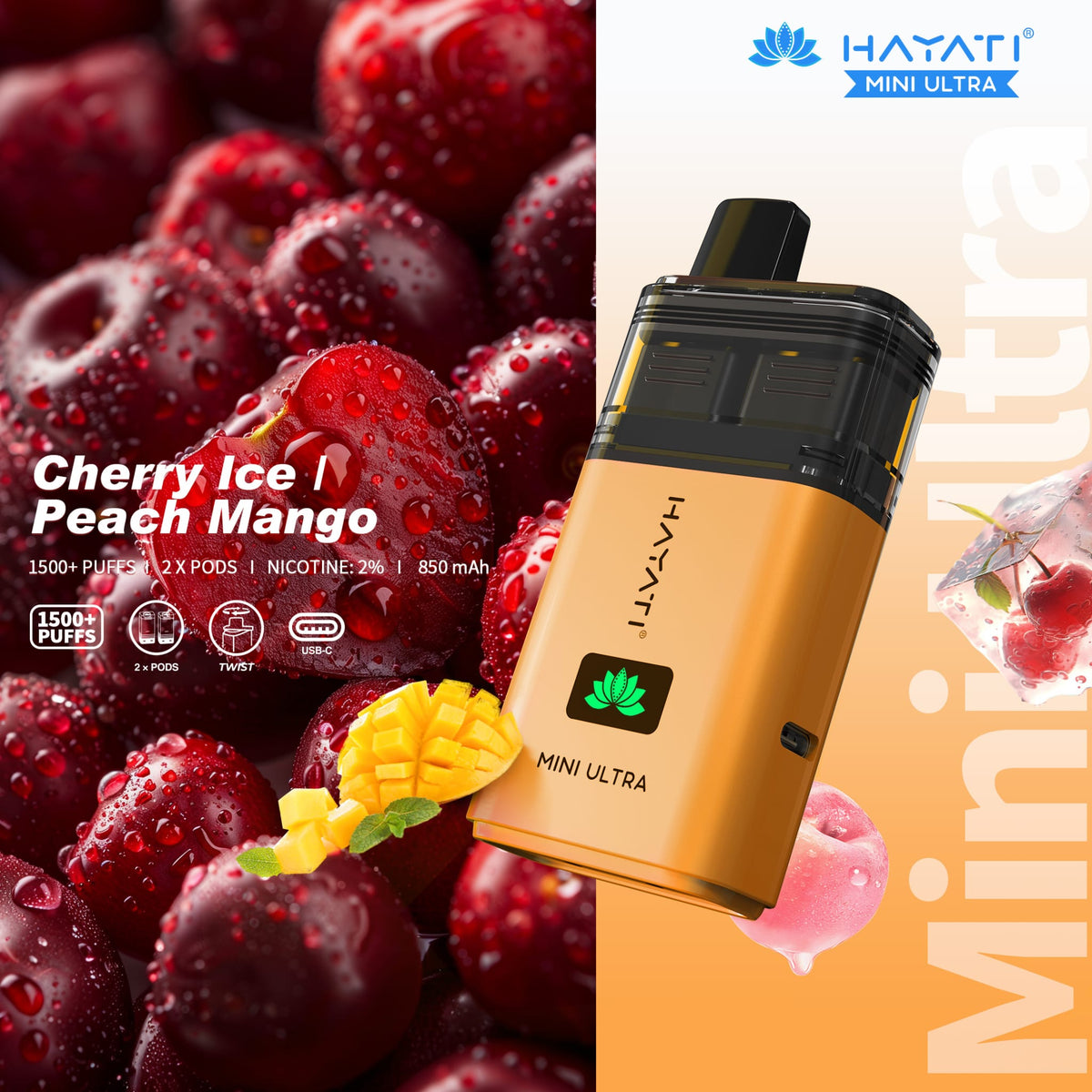 Buy Hayati Mini Ultra 1500 Disposable Vape Box of 5 - Cherry Ice / Peach Mango