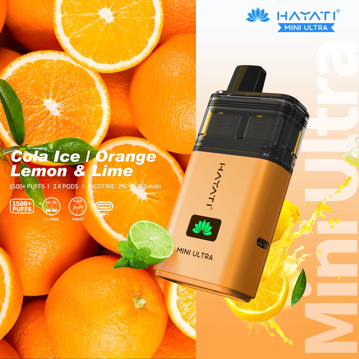 Buy Hayati Mini Ultra 1500 Disposable Vape Box of 5 - Cola Ice / Orange Lemon & Lime