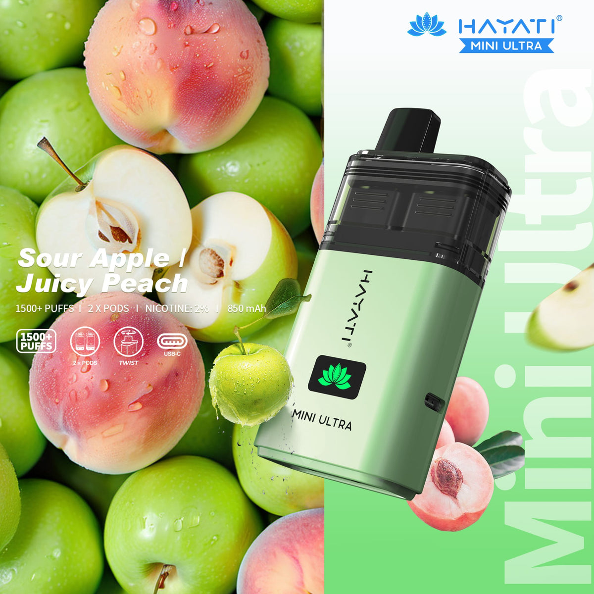 Buy Hayati Mini Ultra 1500 Disposable Vape Box of 5 - Sour Apple / Juicy Peach
