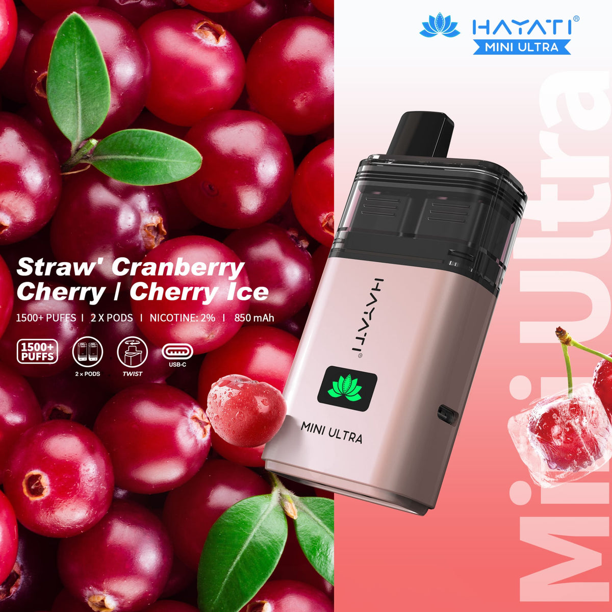Buy Hayati Mini Ultra 1500 Disposable Vape Box of 5 - Straw' Cranberry Cherry / Cherry Ice