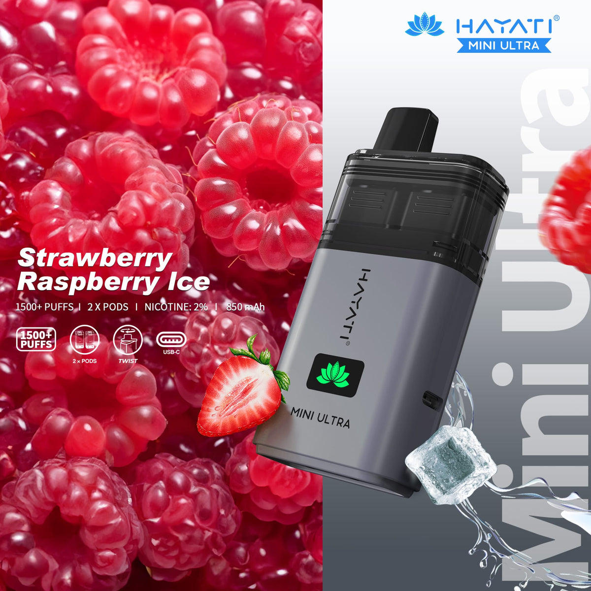 Buy Hayati Mini Ultra 1500 Disposable Vape Box of 5 - Strawberry Raspberry Ice