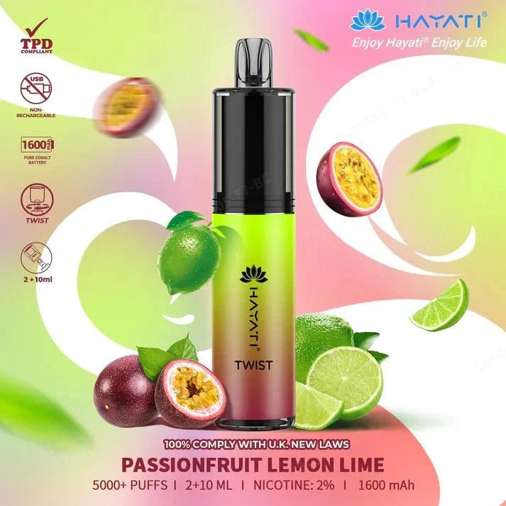 Buy Hayati Twist 5000 Puffs prefilled kit Vape Box of 5 - Passion Fruit Lemon Lime