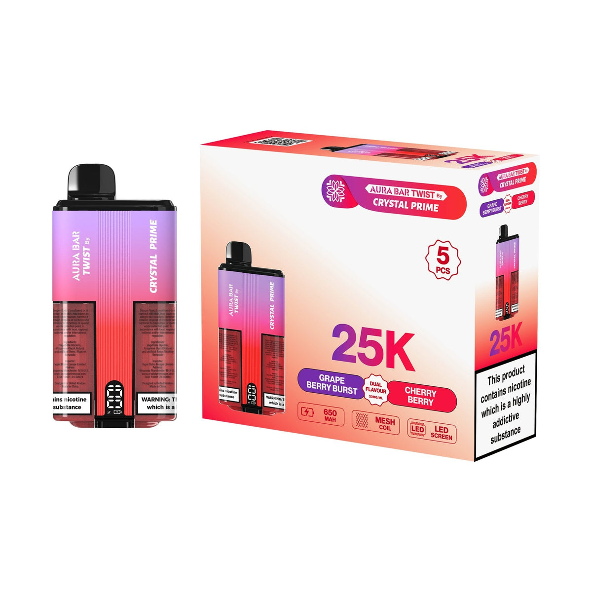 Crystal Prime Aura Bar Twist 25k Disposable Device Pack of 5 - Best Vape Wholesale