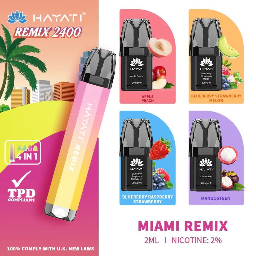 Hayati Remix 2400 Puffs 4 in 1 Disposable Vape Pod Kit Box of 5 - Best Vape Wholesale