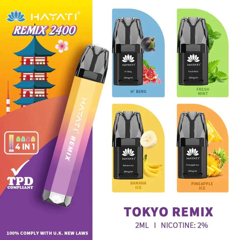 Hayati Remix 2400 Puffs 4 in 1 Disposable Vape Pod Kit Box of 5 - Best Vape Wholesale