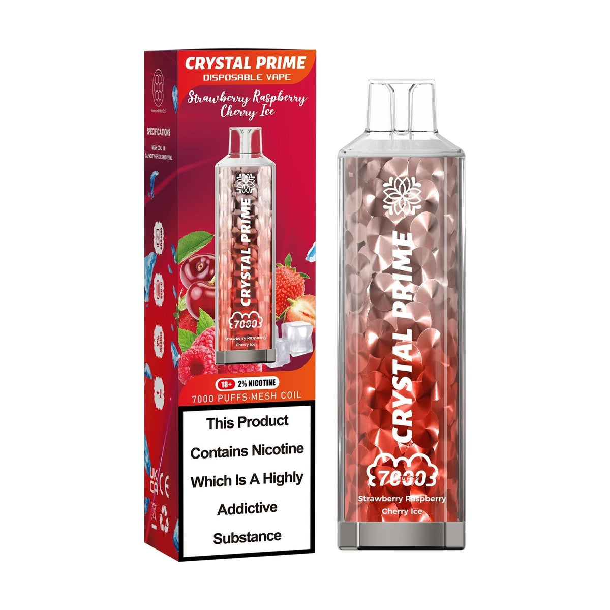 Crystal Prime 3D Effects 7000 Disposable Vape Puff Pod Box of 10-Strawberry Raspberry Cherry Ice-vapeukwholesale